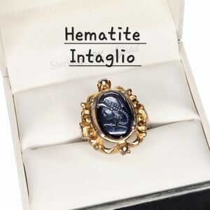 Vtg Hematite Intaglio Roman Soldier Cameo Ring